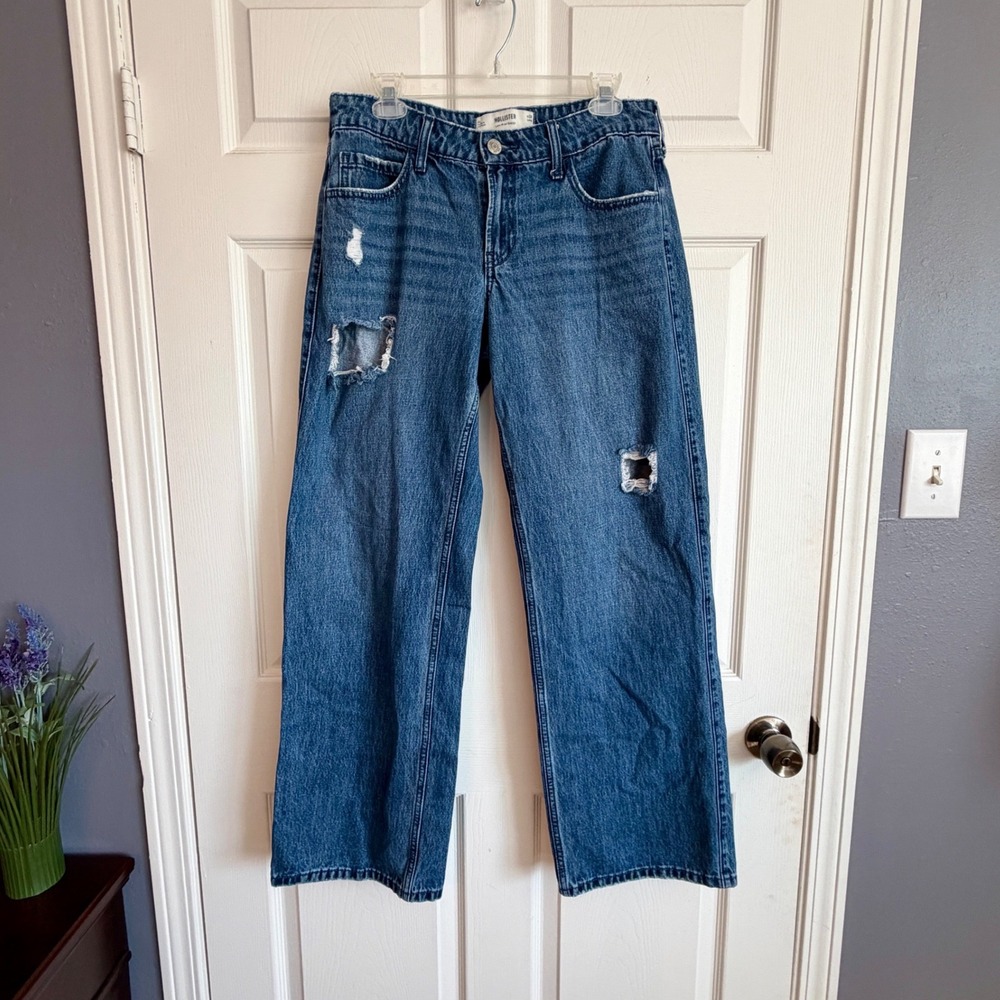 Hollister Low-Rise Baggy Distressed Wide Leg Jeans W28 Long Medium Wash Denim